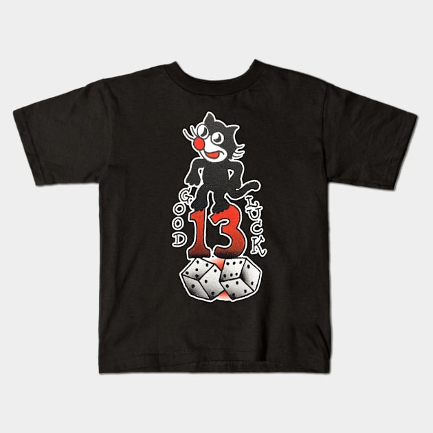 Good Luck 13 Cat Tattoo Design Kids T-Shirt by forevertruetattoo